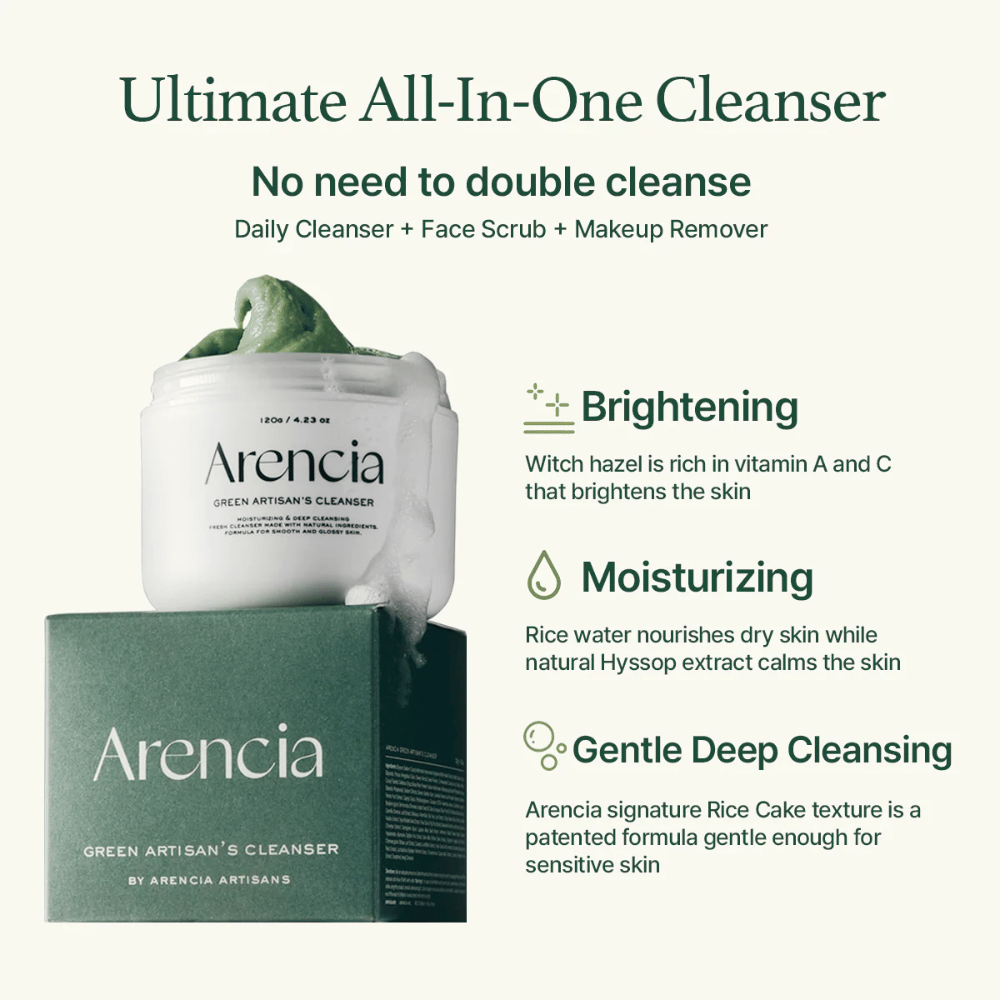 Arencia Green Artisan's Cleanser est montré avec le pot et la boîte. Le texte met en avant Avantages : Brightening (vitamine A & C), Moisturizing (eau de riz & hysope), Gentle Deep Cleansing avec texture de riz brevetée.