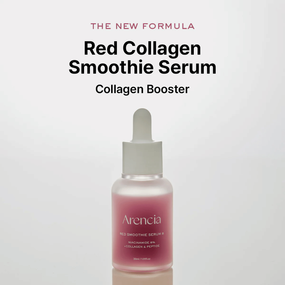 Arencia Red Smoothie Serum 8 est présenté comme "Red Collagen Smoothie Serum", un puissant booster de collagène avec 8 % de niacinamide, collagène et peptides.