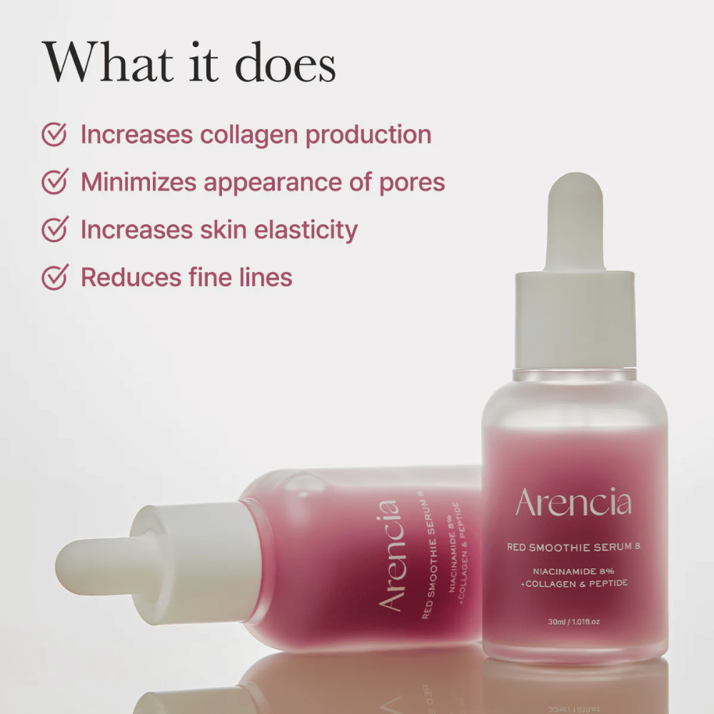 Deux flacons de Arencia Red Smoothie Serum 8 sont montrés avec un texte sur les effets tels qu'une production accrue de collagène, des pores réduits, une élasticité améliorée et des ridules atténuées.
