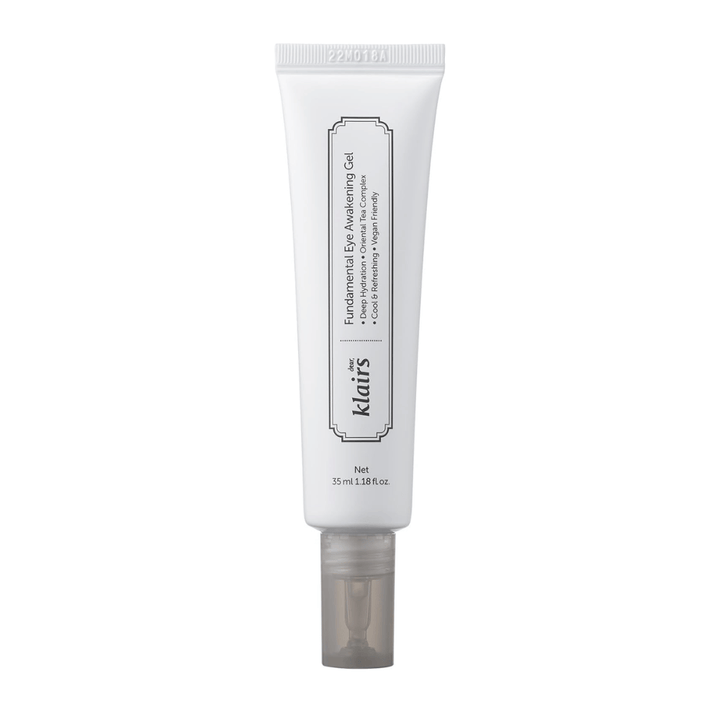 Image détourée du produit Klairs Fundamental Eye Awakening Gel sur fond blanc. Le tube est ներկայացé de face afin de montrer clairement le nom du produit, sa taille et le design épuré et minimaliste qui caractérise les produits Klairs.