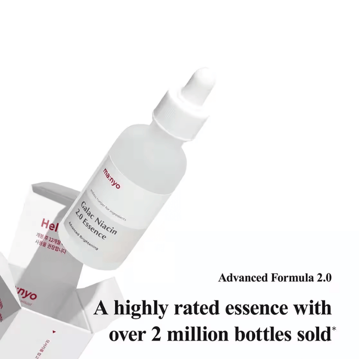 Ma:nyo Galac Niacin 2.0 Essence – une essence coréenne best-seller avec plus de 2 millions de bouteilles vendues, enrichie en galactomyces et niacinamide pour un teint plus clair.