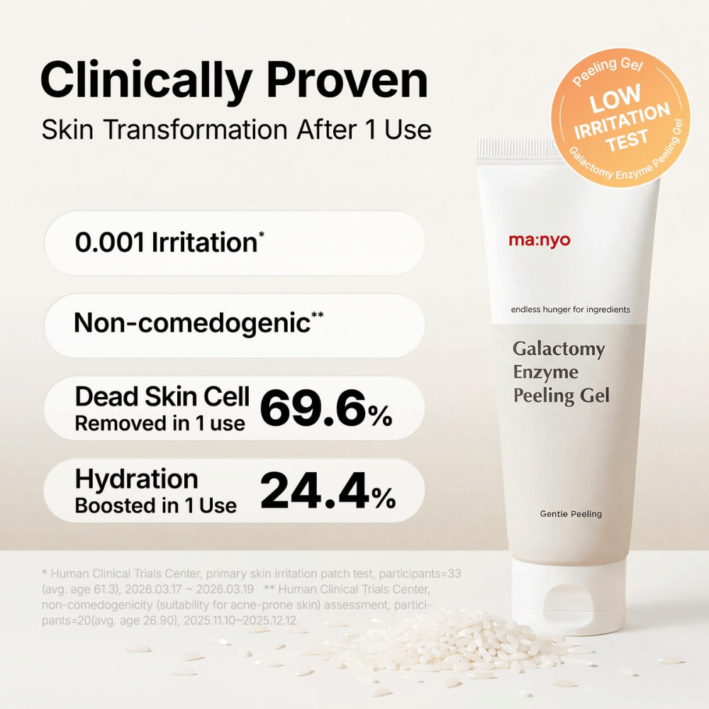 ma:nyo Galactomy Enzyme Peeling Gel avec des résultats de tests cliniques pour l’exfoliation, l’hydratation et une formule respectueuse de la peau.
