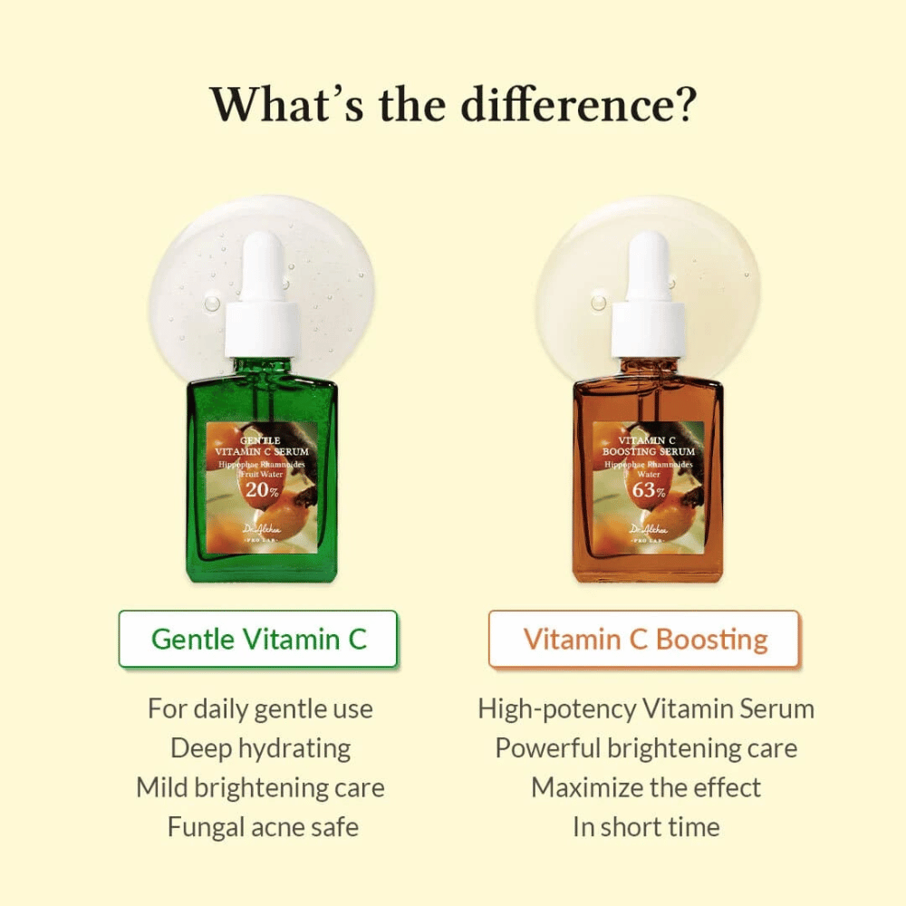 Gentle Vitamin C Serum est parfait pour une utilisation quotidienne, hydrate en profondeur et offre un éclaircissement doux de la peau. Sûr pour les peaux sujettes à l'acné fongique. Vitamin C Boosting Serum a une haute concentration pour un éclaircissement puissant et des résultats rapides. Idéal pour les besoins intenses de la peau.