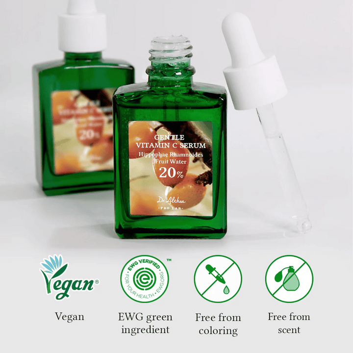 Dr.Althea Gentle Vitamin C Serum est végan et vérifié par EWG pour des ingrédients sûrs et respectueux de l'environnement. Sans colorants et sans parfum, ce qui le rend parfait pour les peaux sensibles. Contient 20% d'eau d'argousier pour hydrater, illuminer et protéger la peau.