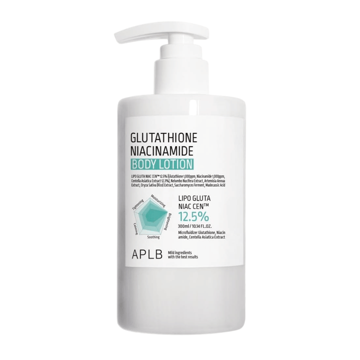 APLB Glutathione Niacinamide Body Lotion image du produit avec flacon pompe et formule avancée pour l’hydratation, l’éclat et l’amélioration de l’élasticité de la peau