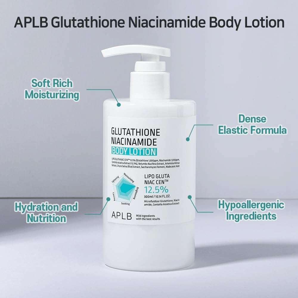 APLB Glutathione Niacinamide Body Lotion flacon pompe avec formule hydratante et élastique et ingrédients hypoallergéniques pour un soin doux et nourrissant de la peau
