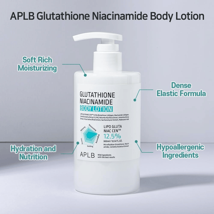 APLB Glutathione Niacinamide Body Lotion flacon pompe avec formule hydratante et élastique et ingrédients hypoallergéniques pour un soin doux et nourrissant de la peau