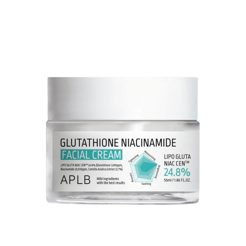 APLB Glutathione Niacinamide Facial Cream en pot avec une formule légère qui hydrate, unifie le teint et apporte plus d’éclat