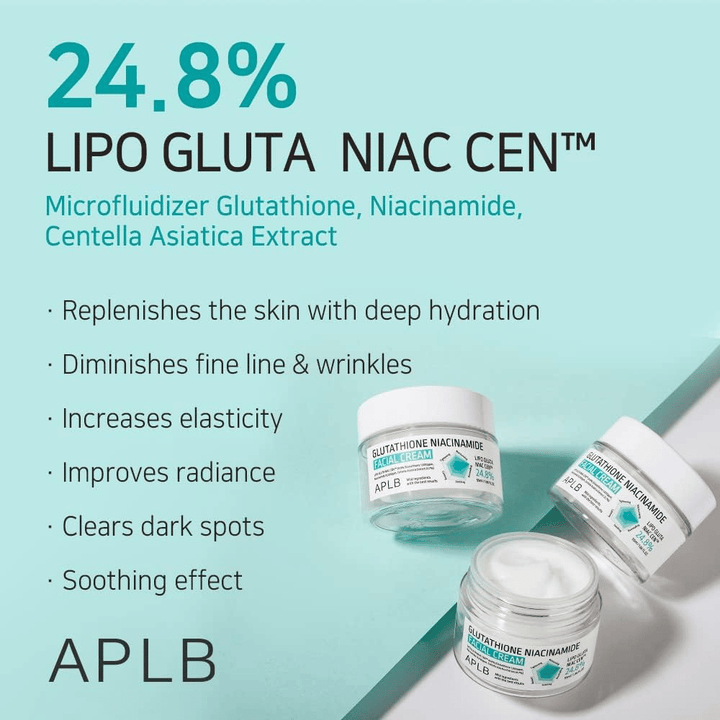 APLB Glutathione Niacinamide Facial Cream 24,8 % de Lipo Gluta Niac Cent avec une hydratation profonde, un effet anti-âge et une amélioration du teint