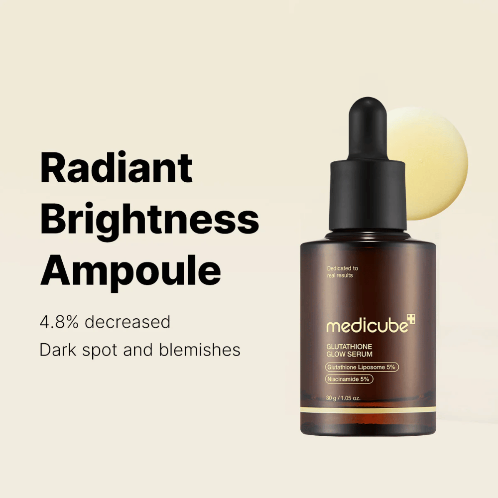 Medicube Radiant Brightness Ampoule – Glutathione Glow Serum avec 5% de glutathion-liposome et 5% de niacinamide. Réduit les taches sombres et le teint irrégulier pour une luminosité éclatante.