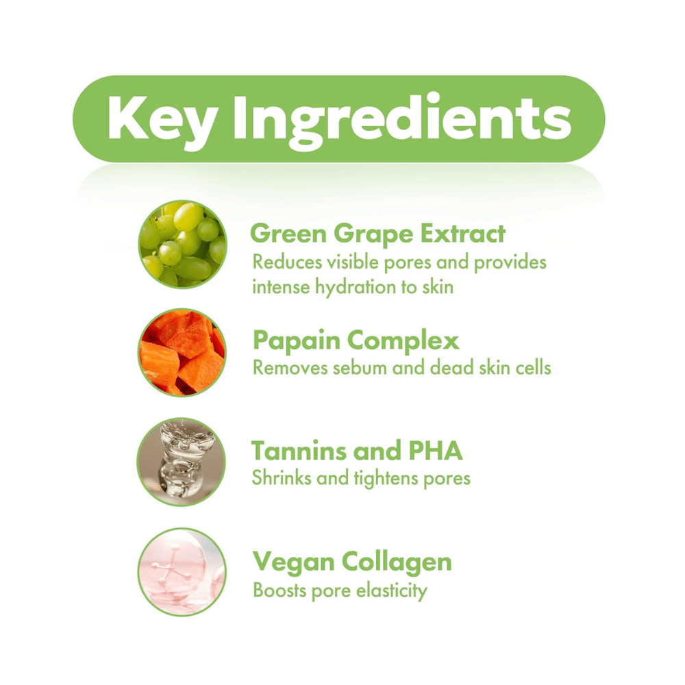 Ingrédients clés dans FRUDIA Green Grape Pore Control Cream avec extrait de raisin vert, papaïne, PHA, tanins et collagène vegan pour une peau plus claire et plus lisse.