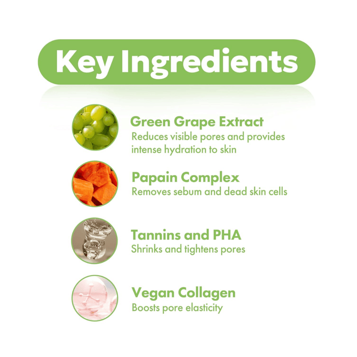 Ingrédients clés dans FRUDIA Green Grape Pore Control Cream avec extrait de raisin vert, papaïne, PHA, tanins et collagène vegan pour une peau plus claire et plus lisse.