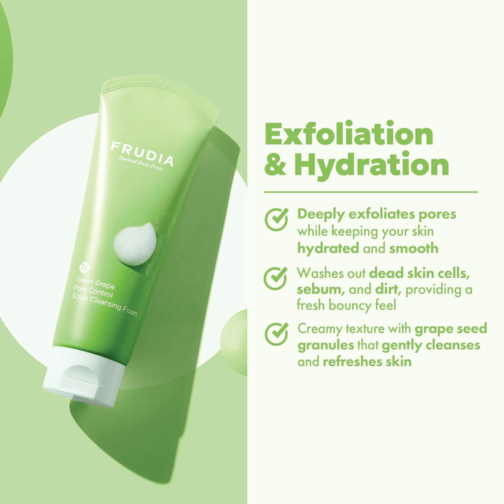 FRUDIA Green Grape Pore Control Scrub Cleansing Foam – nettoyant visage exfoliant avec granulés de pépins de raisin qui élimine la saleté, le sébum et les cellules mortes sans dessécher la peau.