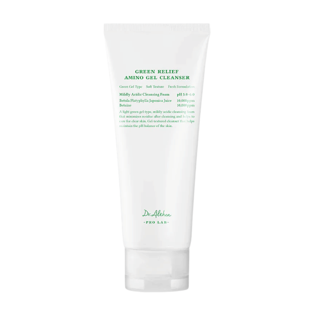 Le produit montre Dr. Althea Green Relief Amino Gel Cleanser – un gel nettoyant doux, vegan avec une formule verte légère et un pH de 5.0–6.0 pour les peaux sensibles.