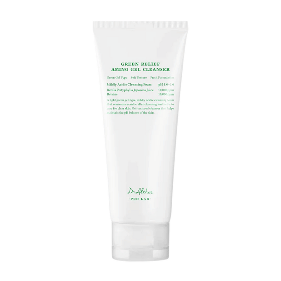 Le produit montre Dr. Althea Green Relief Amino Gel Cleanser – un gel nettoyant doux, vegan avec une formule verte légère et un pH de 5.0–6.0 pour les peaux sensibles.