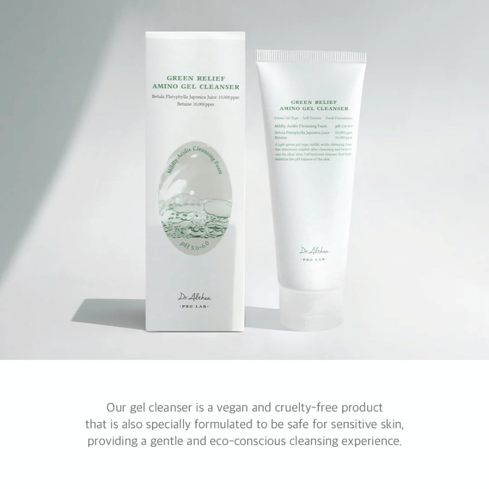 Dr. Althea Green Relief Amino Gel Cleanser est un nettoyant vegan, cruelty-free avec une texture gel douce. Spécialement conçu pour les peaux sensibles et une utilisation respectueuse de l'environnement.