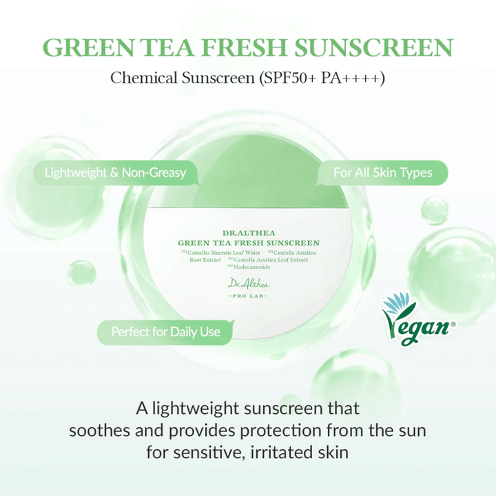 Image produit verte et blanche pour Dr. Althea Green Tea Fresh Sunscreen avec des mentions de SPF50+, une formule vegan et des avantages comme apaisant, texture légère et protection pour les peaux sensibles.