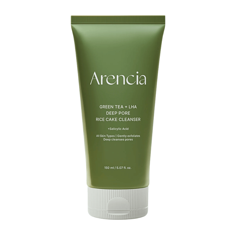 Image produit propre de Arencia Green Tea + LHA Deep Pore Rice Cake Cleanser en tube vert, mettant l’accent sur un emballage minimaliste et moderne.