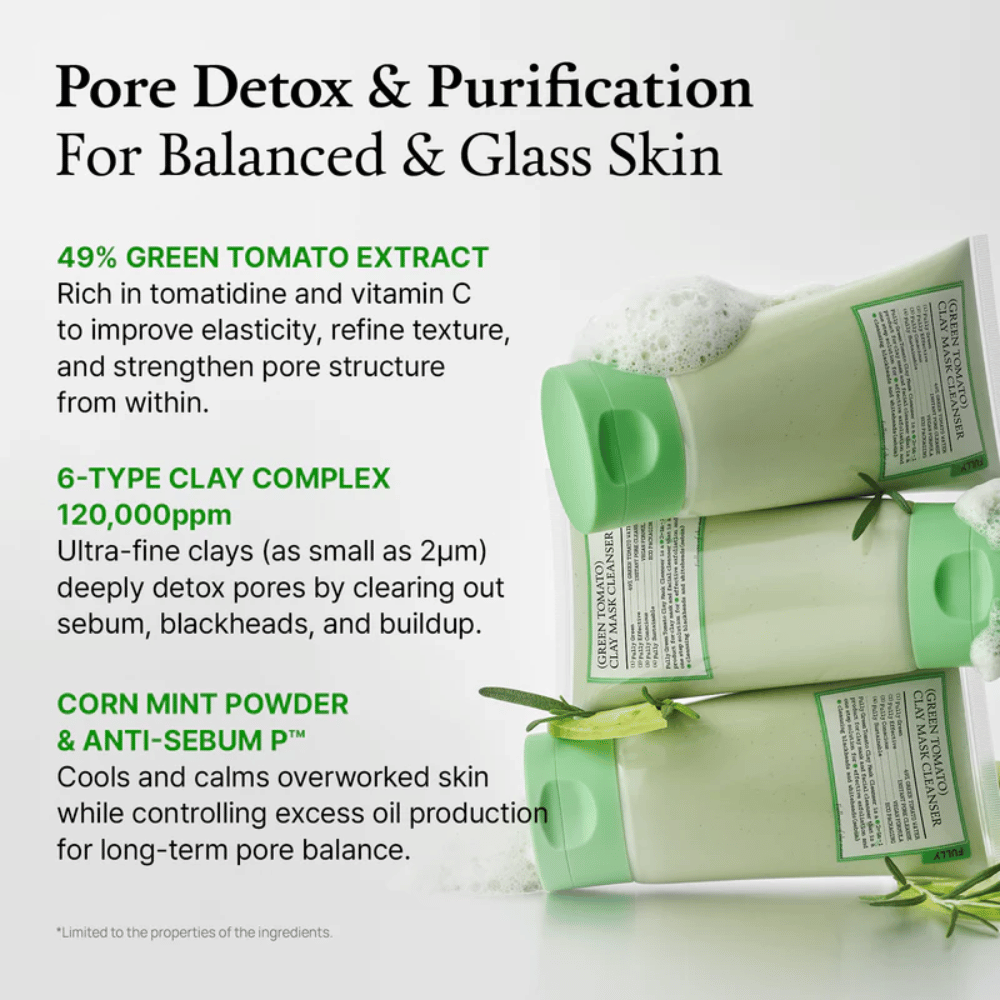 Image informative sur « Pore Detox & Purification » avec des ingrédients comme l’extrait de tomate verte, l’argile et la menthe, accompagnés d’images du produit.