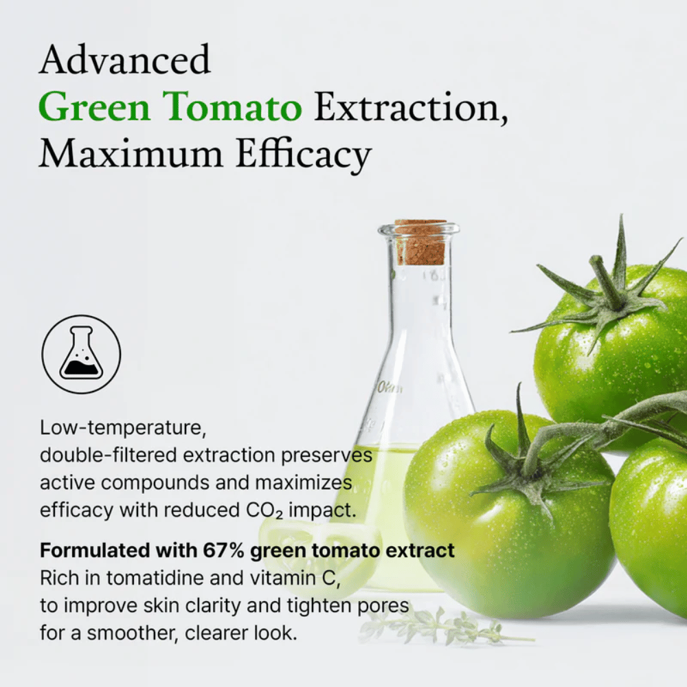 Image avec des tomates vertes et un flacon de laboratoire mettant en avant l’ingrédient « green tomato extract » et son effet sur la peau.