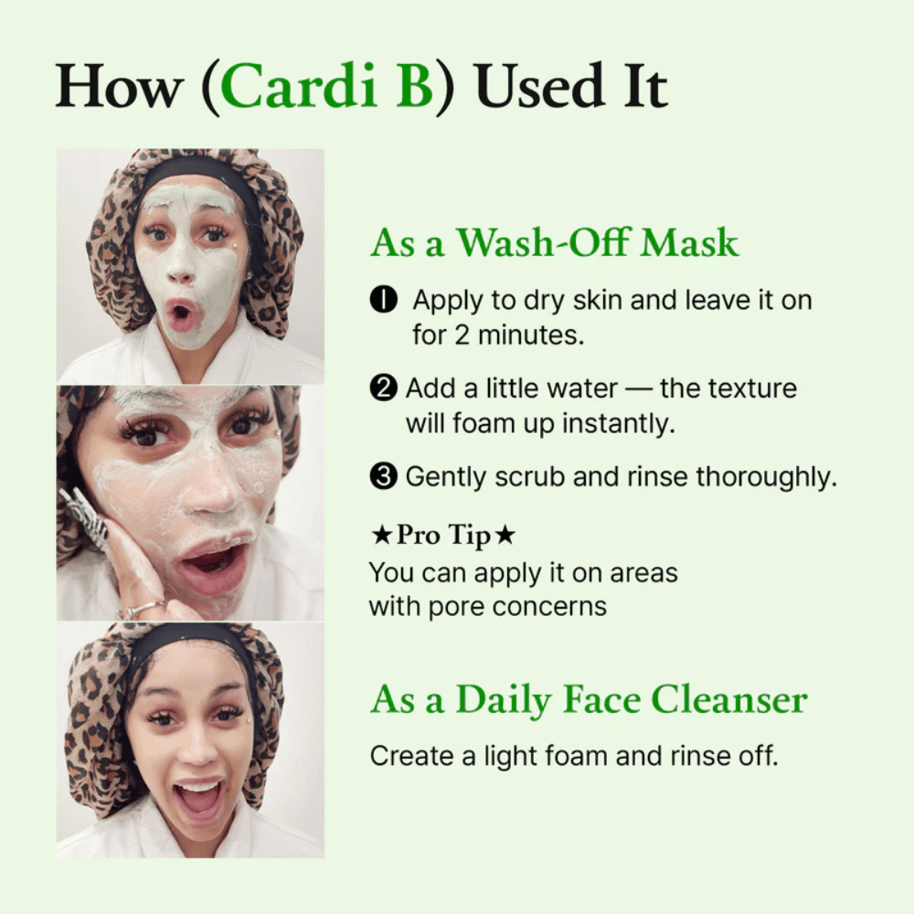 Image d’instructions montrant comment utiliser le produit, avec une personne appliquant un masque facial. Étapes détaillées pour le masque ainsi que pour le nettoyage quotidien.