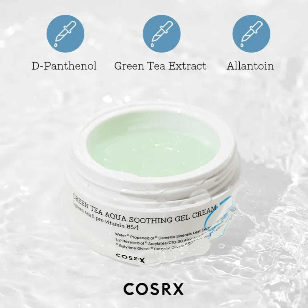 COSRX Green Tea Aqua Soothing Gel Cream – pot ouvert avec crème-gel verte. Ingrédients clés : D-Panthénol, extrait de thé vert et allantoïne pour hydratation et effet apaisant.