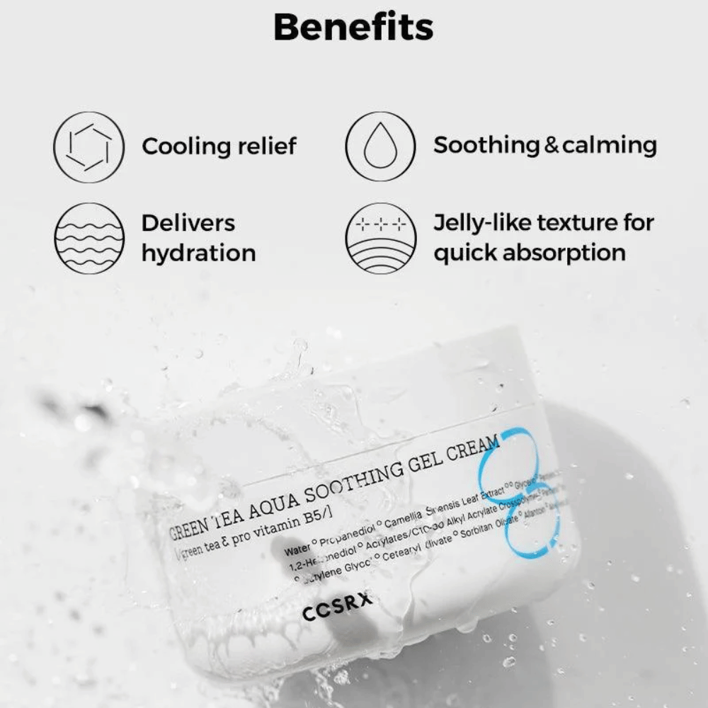 COSRX Green Tea Aqua Soothing Gel Cream – Avantages : effet rafraîchissant, apaisant et nourrissant, hydratation intense et texture gel pour absorption rapide.