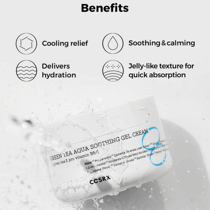 COSRX Green Tea Aqua Soothing Gel Cream – Avantages : effet rafraîchissant, apaisant et nourrissant, hydratation intense et texture gel pour absorption rapide.
