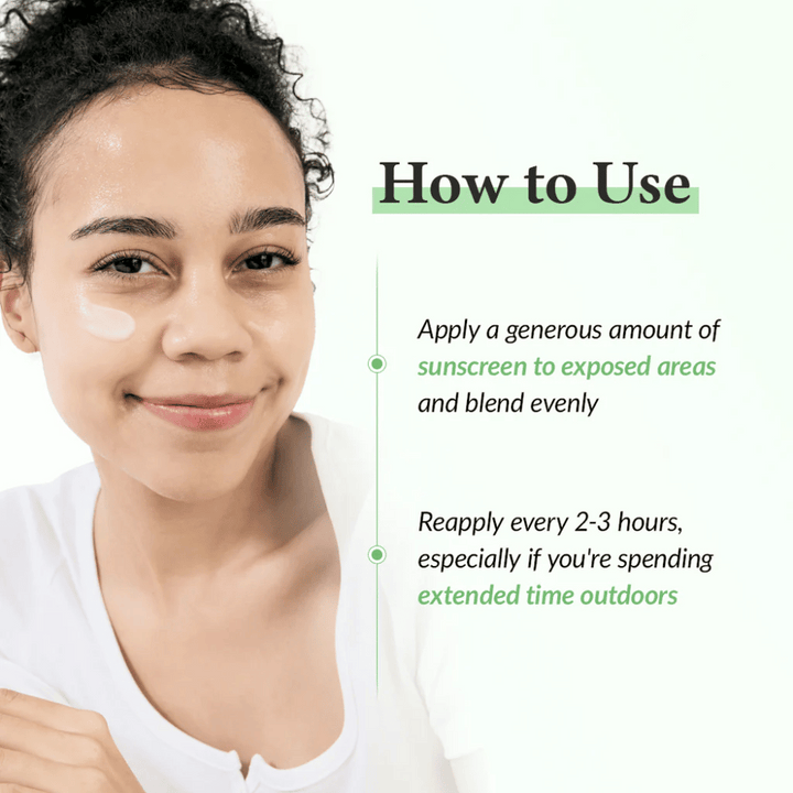 Femme souriante avec de la crème solaire appliquée sur la joue, à côté des instructions sur l'utilisation de la protection solaire – appliquer généreusement, mélanger uniformément et réappliquer toutes les 2-3 heures lors d'une exposition extérieure.