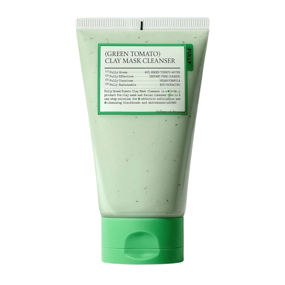 Une image produit de Green Tomato Clay Mask Cleanser dans un tube vert sur fond blanc. L’accent est mis sur l’emballage et le design.