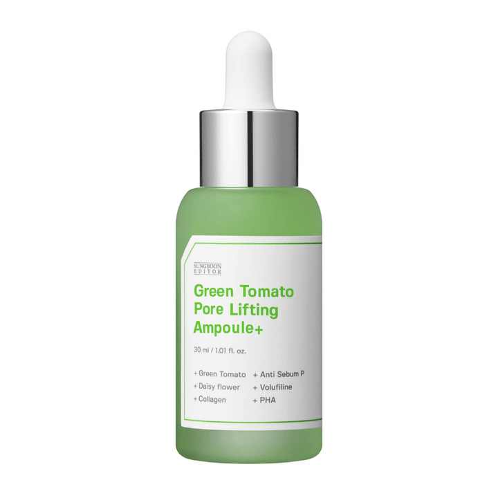 Image de produit isolée de Green Tomato Pore Lifting Ampoule+ dans une bouteille en verre verte avec pipette.