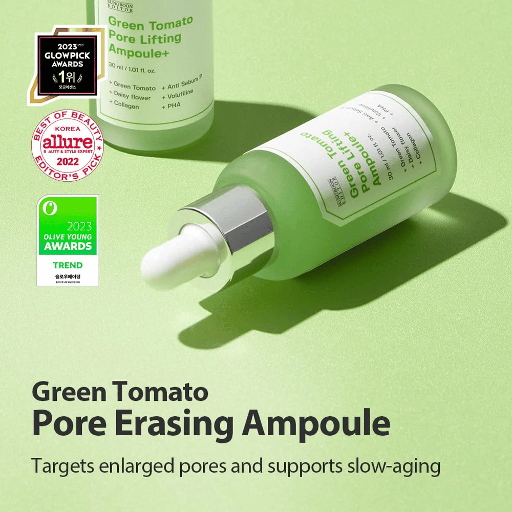 Green Tomato Pore Lifting Ampoule+ image de produit avec des récompenses de Glowpick, Allure et Olive Young Awards 2023.
