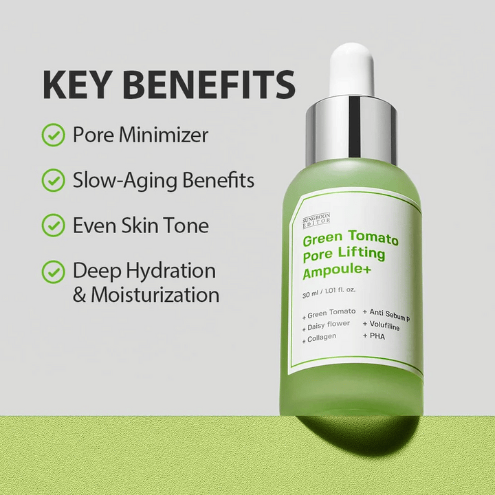 Green Tomato Pore Lifting Ampoule+ avec flacon pipette sur fond vert, avantages clés répertoriés tels que réduction des pores, anti-âge, teint uniforme et hydratation.