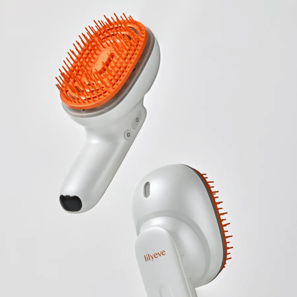 LILYEVE GrowTurn Brush Steam Booster – vue avant et arrière avec poignée ergonomique et brosses orange