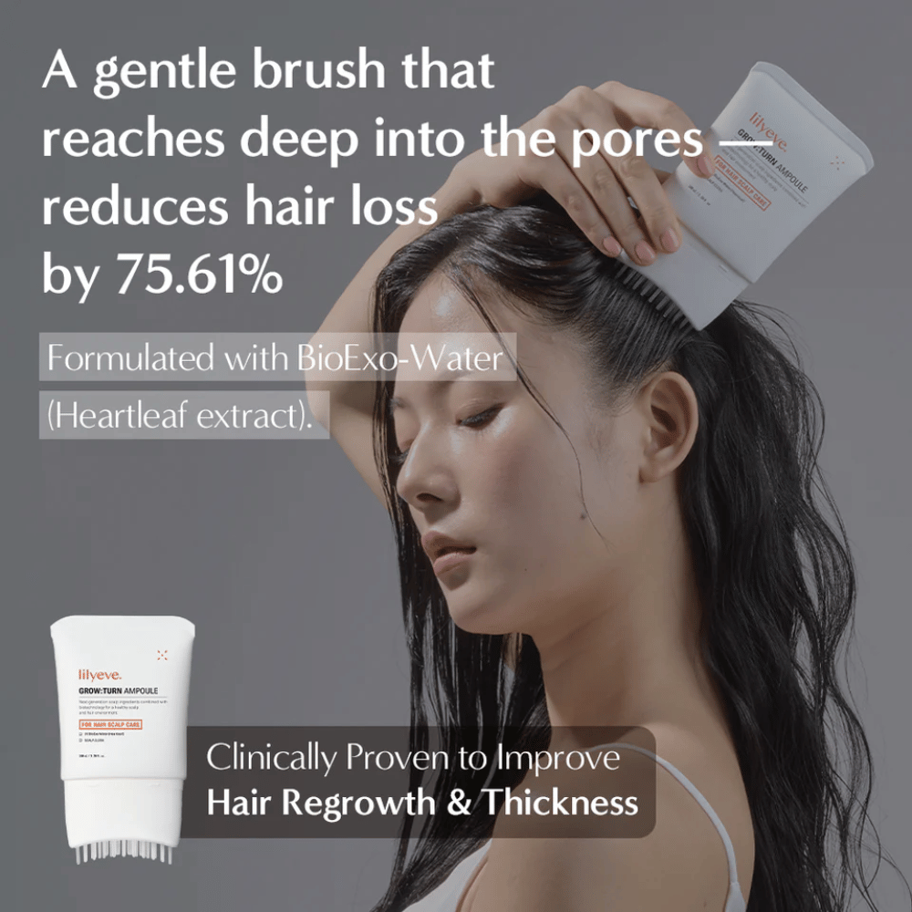 Image lifestyle où une personne applique le produit directement sur le cuir chevelu avec la brosse, en mettant l’accent sur la pousse des cheveux et la réduction de la chute des cheveux.