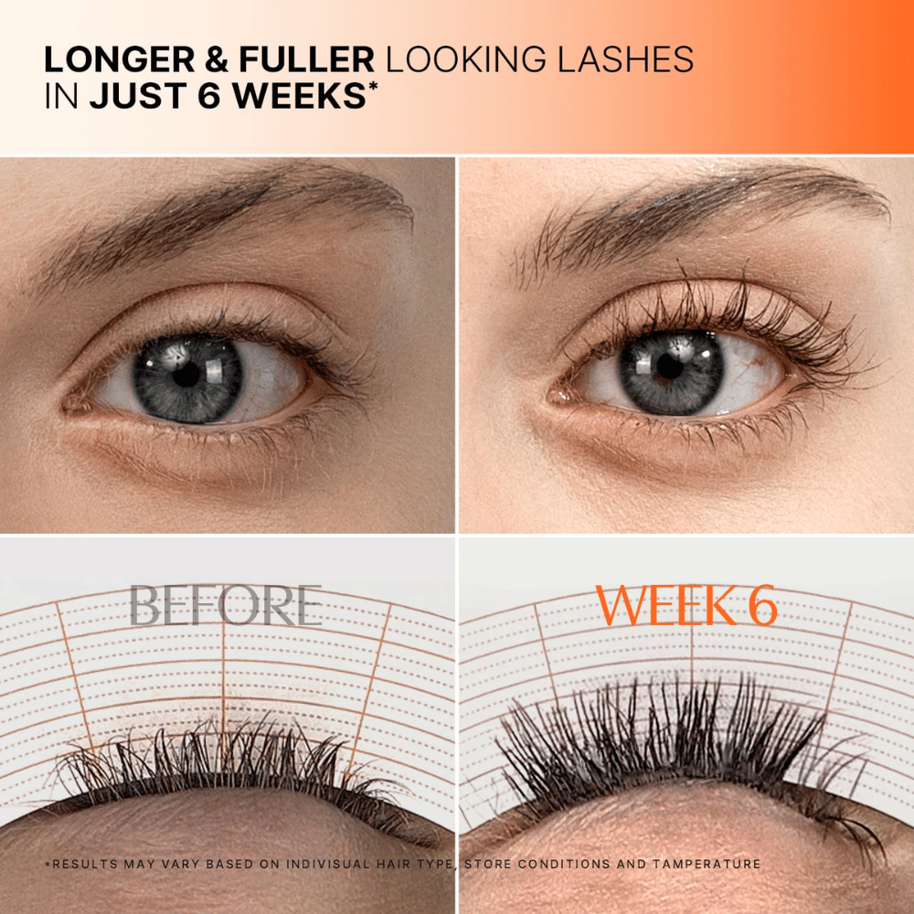 Image avant/après des cils après 6 semaines d’utilisation de LILYEVE Grow Turn Exosome Dual Lash Serum.