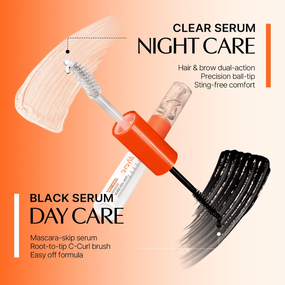 LILYEVE Grow Turn Exosome Dual Lash Serum avec sérum de nuit transparent et sérum de jour noir dans un emballage double face.
