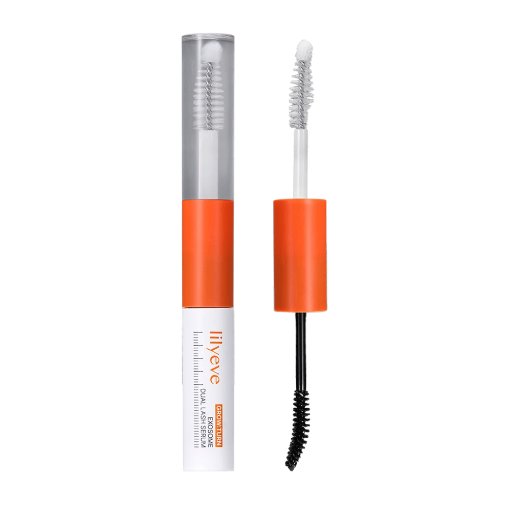 LILYEVE Grow Turn Exosome Dual Lash Serum – sérum pour cils double face avec sérum transparent et noir ainsi que deux applicateurs.