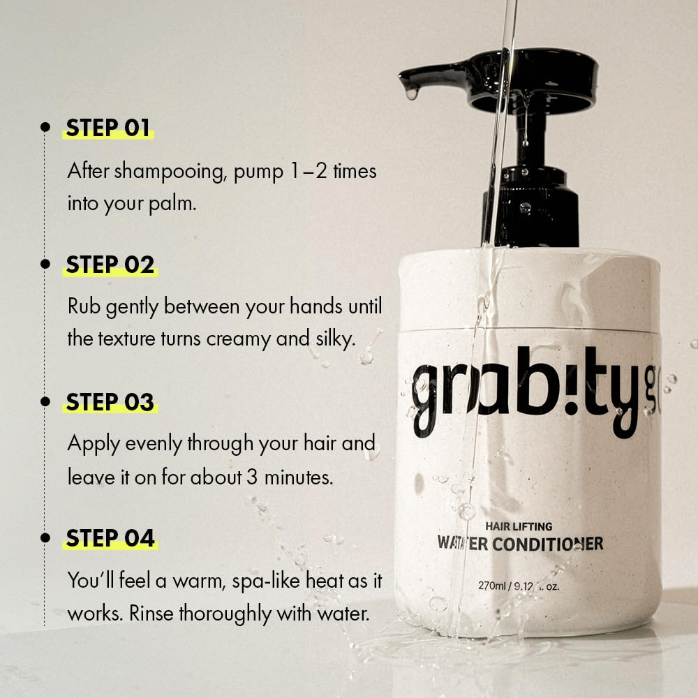 Image d’instructions pour Grabity Hair Lifting Water Conditioner montrant comment le produit s’utilise après le shampooing pour apporter soin, brillance et une impression de cheveux plus fournis.
