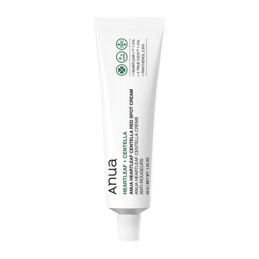 Anua Heartleaf Centella Red Spot Cream dans un tube blanc, une crème de traitement localisée avec centella pour apaiser la peau et renforcer la barrière d'hydratation.