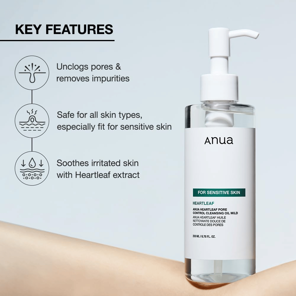 Anua Heartleaf Pore Control Cleansing Oil Mild est une huile nettoyante douce pour tous les types de peau, particulièrement adaptée aux peaux sensibles. Elle aide à : Éliminer les impuretés et nettoyer les pores. Apaiser la peau irritée grâce à l'extrait de heartleaf. Elle est sûre pour tous les types de peau et spécialement formulée pour être douce et efficace.