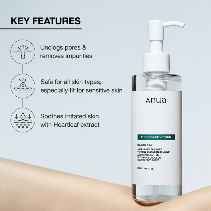 Anua Heartleaf Pore Control Cleansing Oil Mild est une huile nettoyante douce pour tous les types de peau, particulièrement adaptée aux peaux sensibles. Elle aide à : Éliminer les impuretés et nettoyer les pores. Apaiser la peau irritée grâce à l'extrait de heartleaf. Elle est sûre pour tous les types de peau et spécialement formulée pour être douce et efficace.