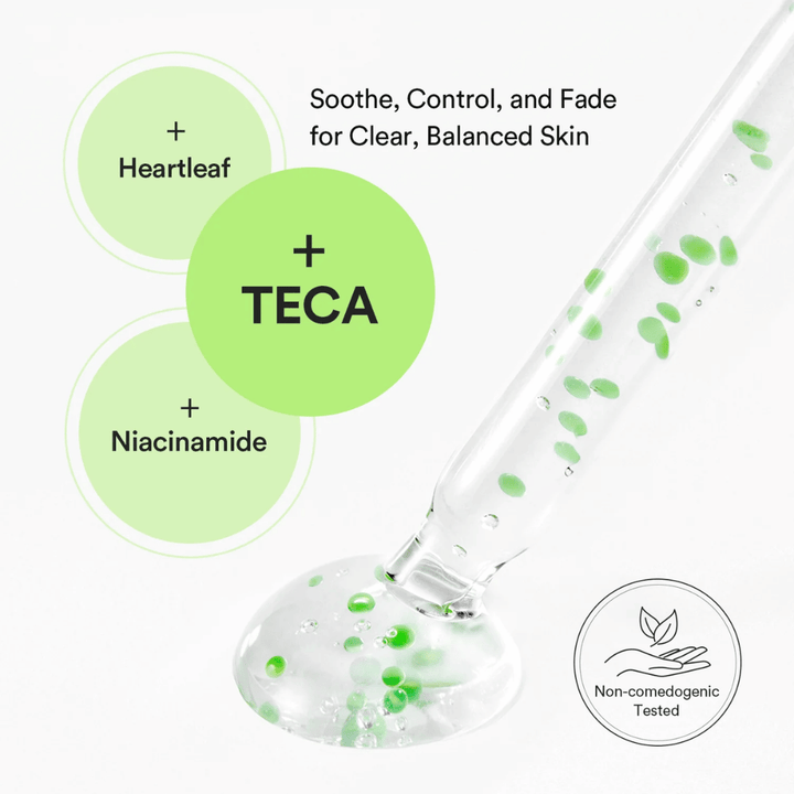 Illustration produit montrant la combinaison de Heartleaf, TECA et de niacinamide pour équilibrer la peau, contrôler le sébum et réduire les problèmes cutanés visibles.