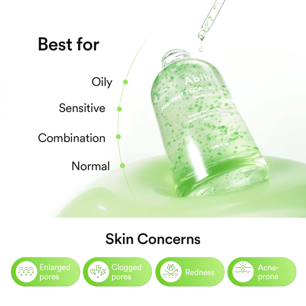 Image informative montrant que Abib Heartleaf TECA Capsule Serum convient aux peaux grasses, sensibles, mixtes et normales, et cible les pores, les rougeurs et les peaux à tendance acnéique.