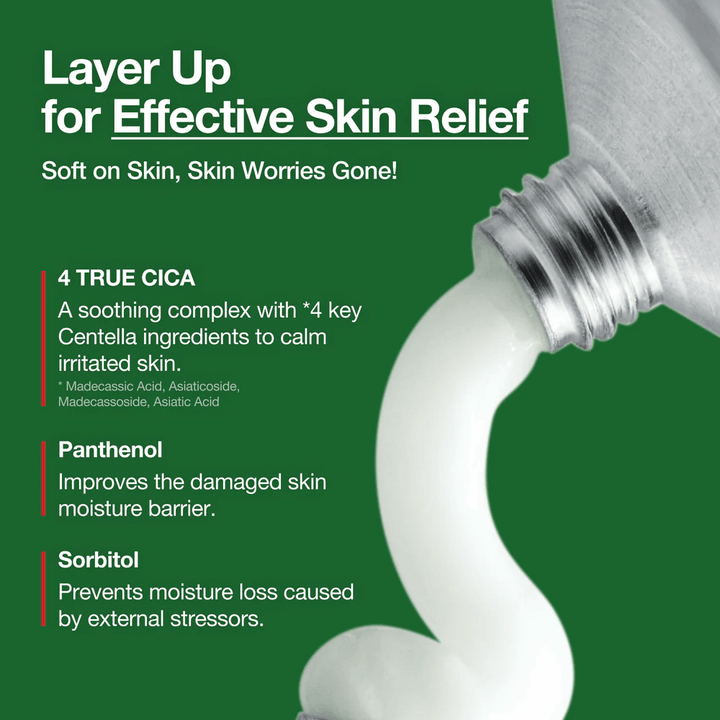 Anua Heartleaf Centella Red Spot Cream avec crème blanche pressée hors du tube, ingrédients marqués comme 4 True Cica, Panthénol et Sorbitol pour un effet apaisant et hydratant.