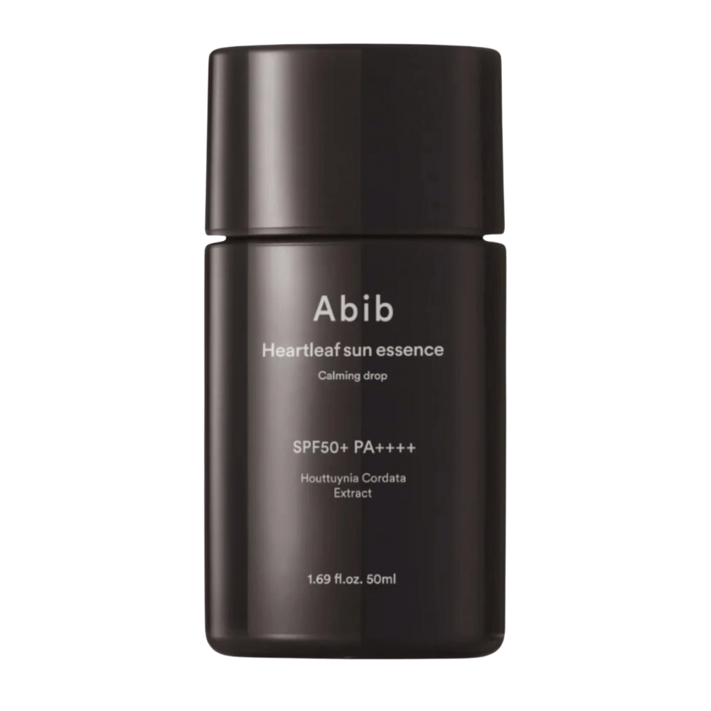 Image du produit sur Abib Heartleaf Sun Essence Calming Drop dans un emballage noir avec texte blanc et SPF50+ PA++++, 50 ml.
