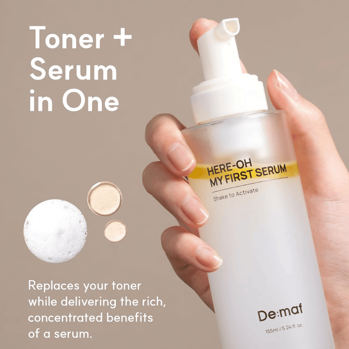 Montre comment le produit combine toner visage et sérum en une seule étape pour un soin de la peau simple et efficace.