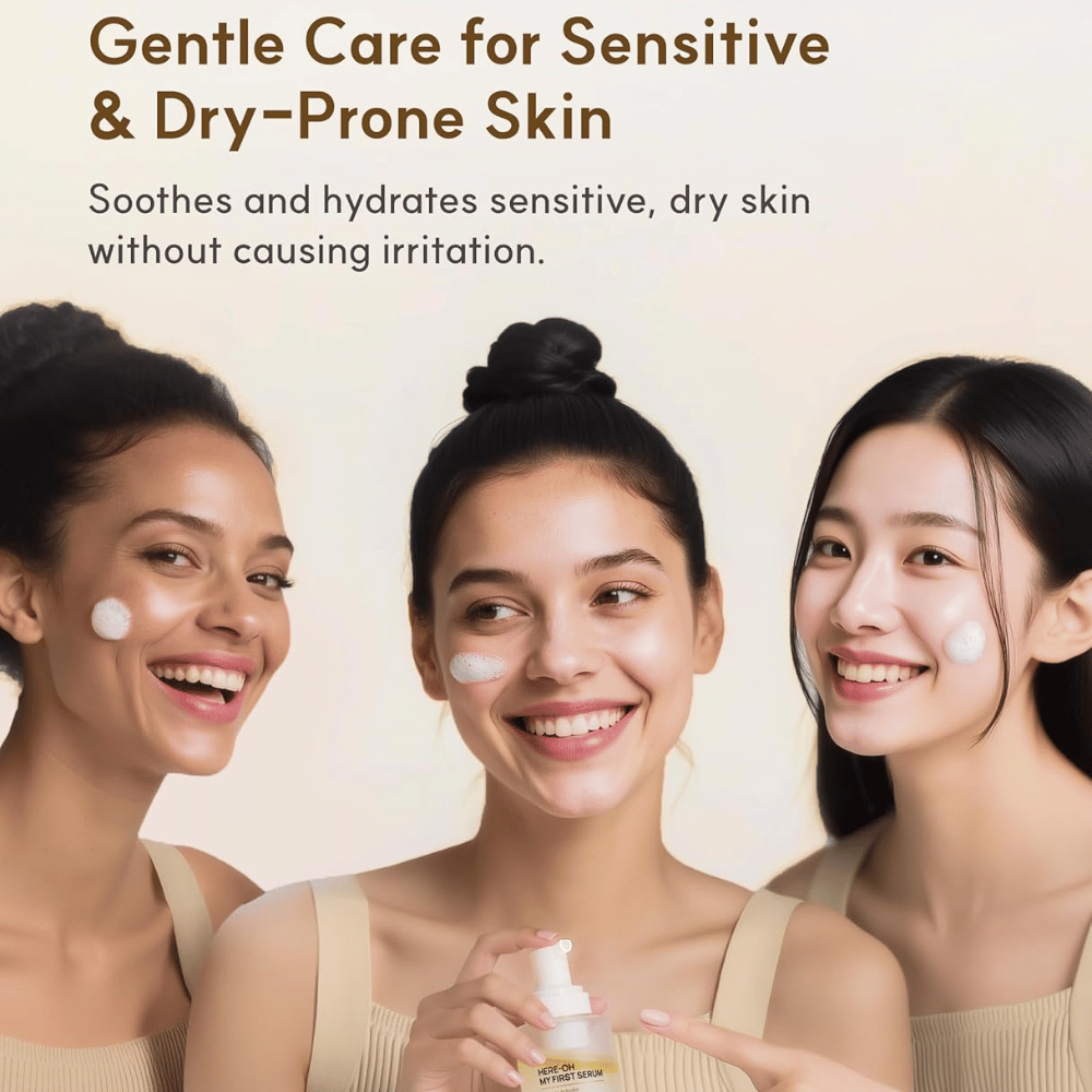 Image lifestyle avec trois personnes appliquant De:maf Here-Oh My First Serum.
