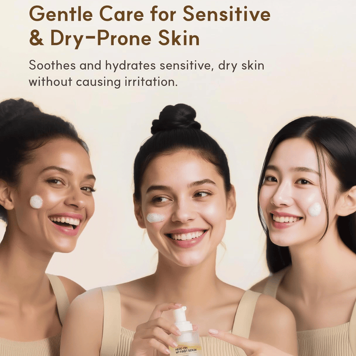 Image lifestyle avec trois personnes appliquant De:maf Here-Oh My First Serum.