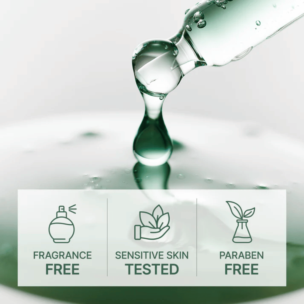 Sérum gouttant de la pipette avec des icônes montrant sans parfum, testé pour la peau sensible et formule sans parabènes.